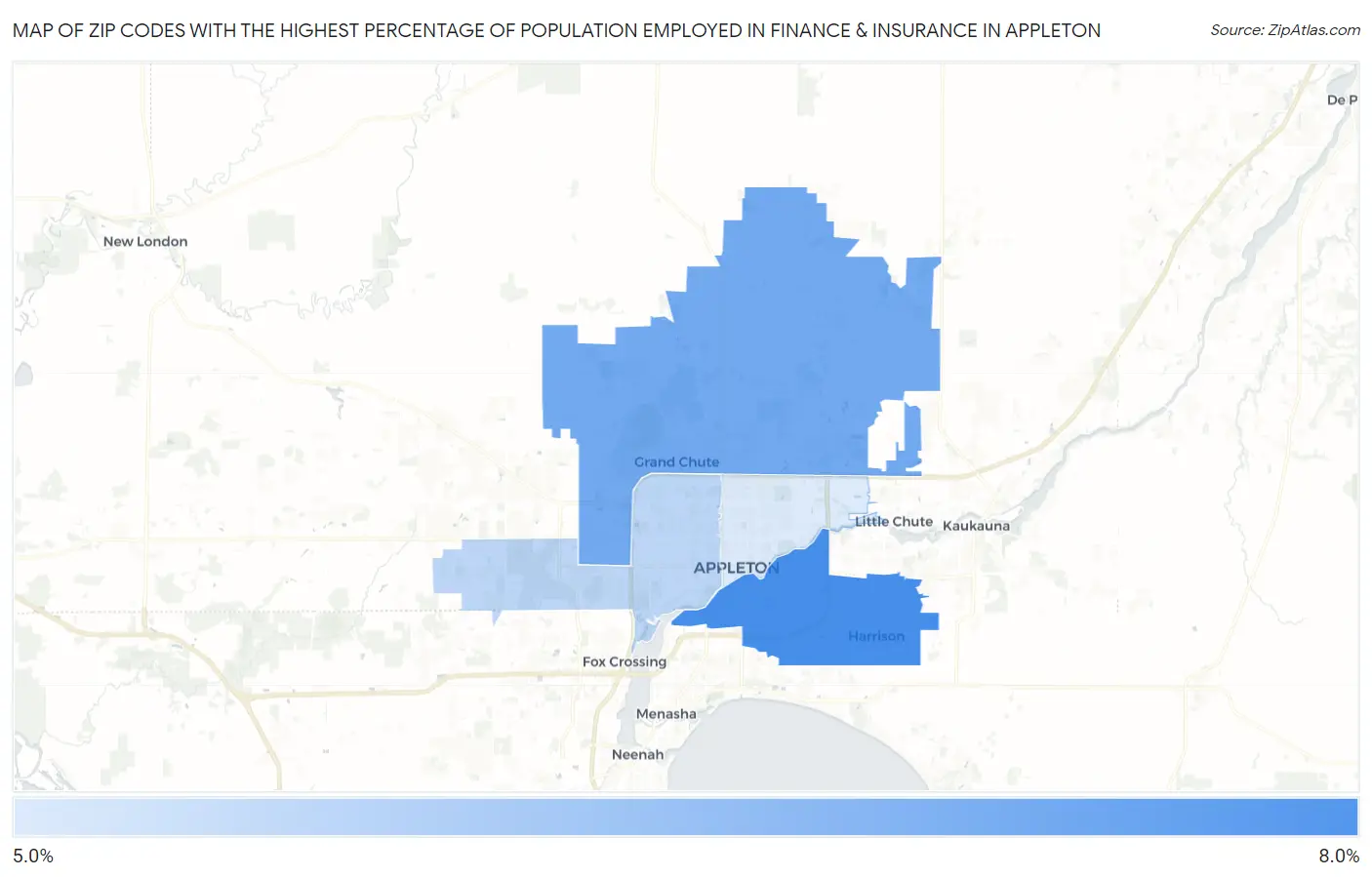 Zip Codes with the Highest Percentage of Population Employed in Finance & Insurance in Appleton Map