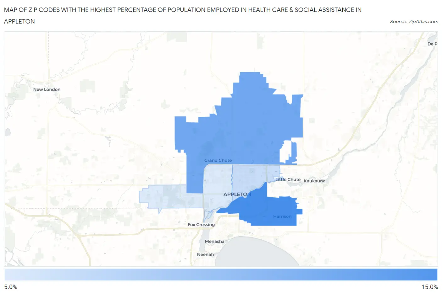 Zip Codes with the Highest Percentage of Population Employed in Health Care & Social Assistance in Appleton Map