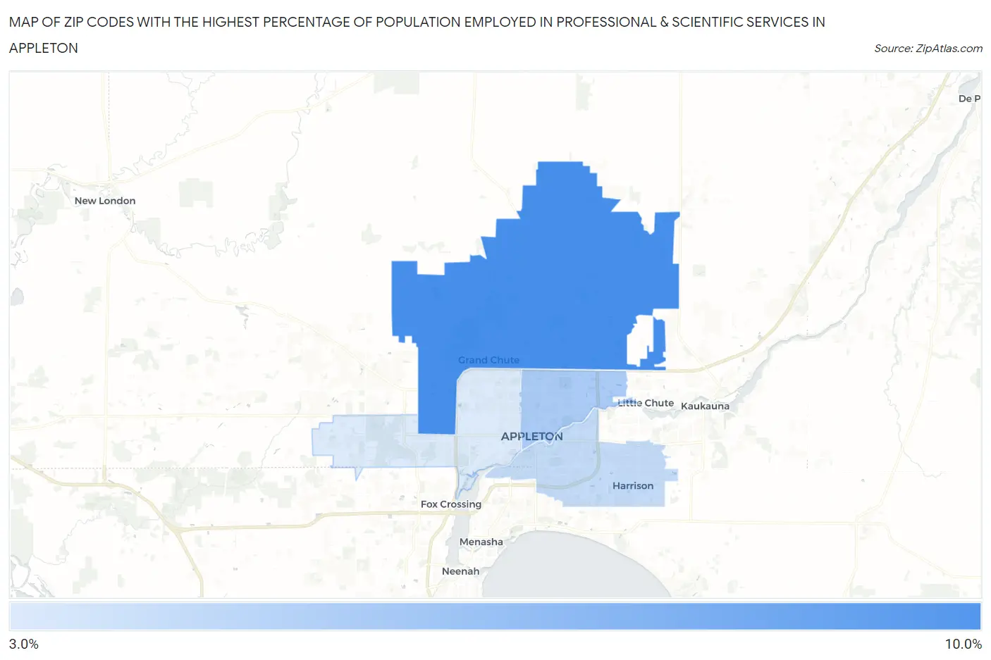 Zip Codes with the Highest Percentage of Population Employed in Professional & Scientific Services in Appleton Map