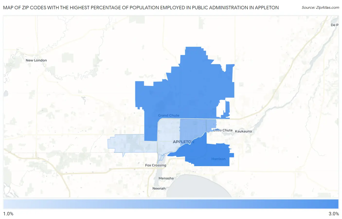 Zip Codes with the Highest Percentage of Population Employed in Public Administration in Appleton Map
