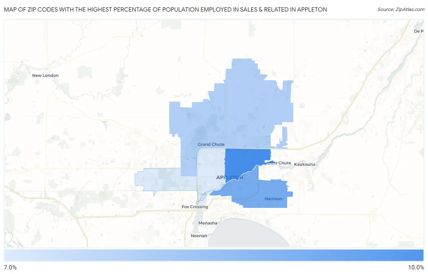 Zip Codes with the Highest Percentage of Population Employed in Sales & Related in Appleton Map