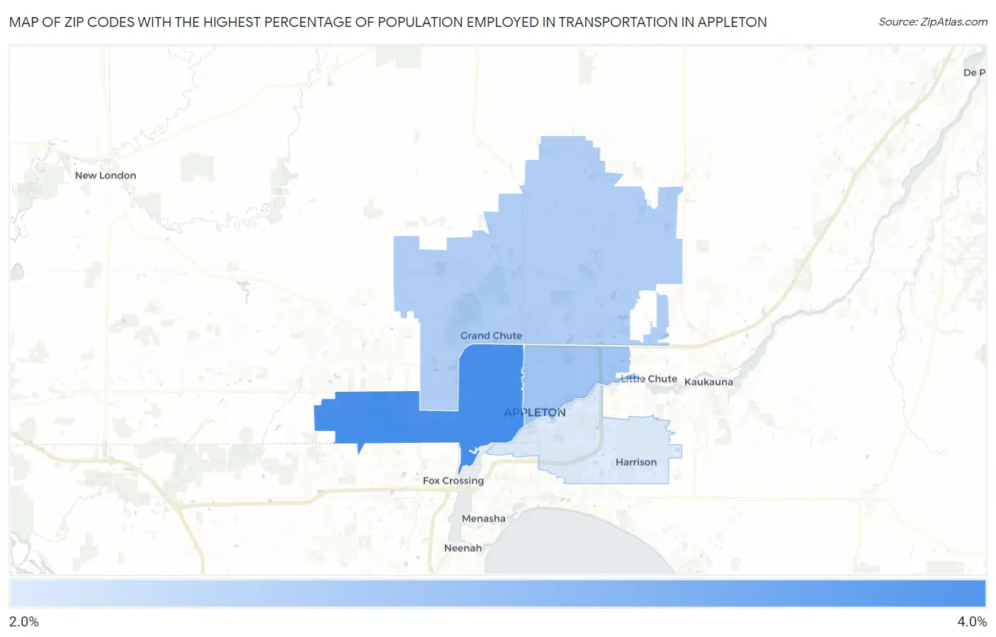 Zip Codes with the Highest Percentage of Population Employed in Transportation in Appleton Map