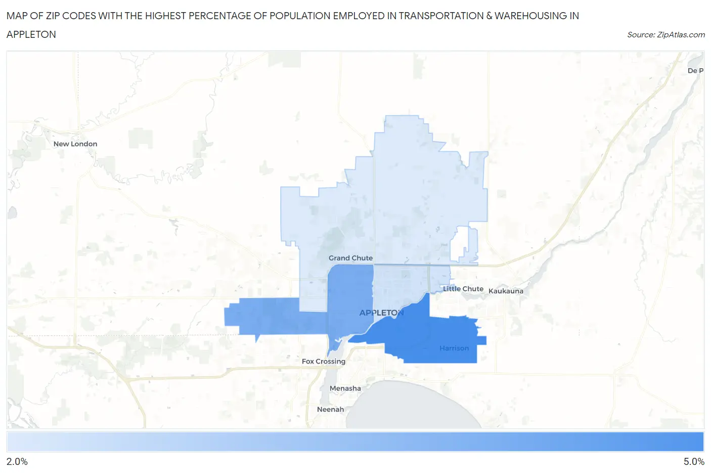 Zip Codes with the Highest Percentage of Population Employed in Transportation & Warehousing in Appleton Map