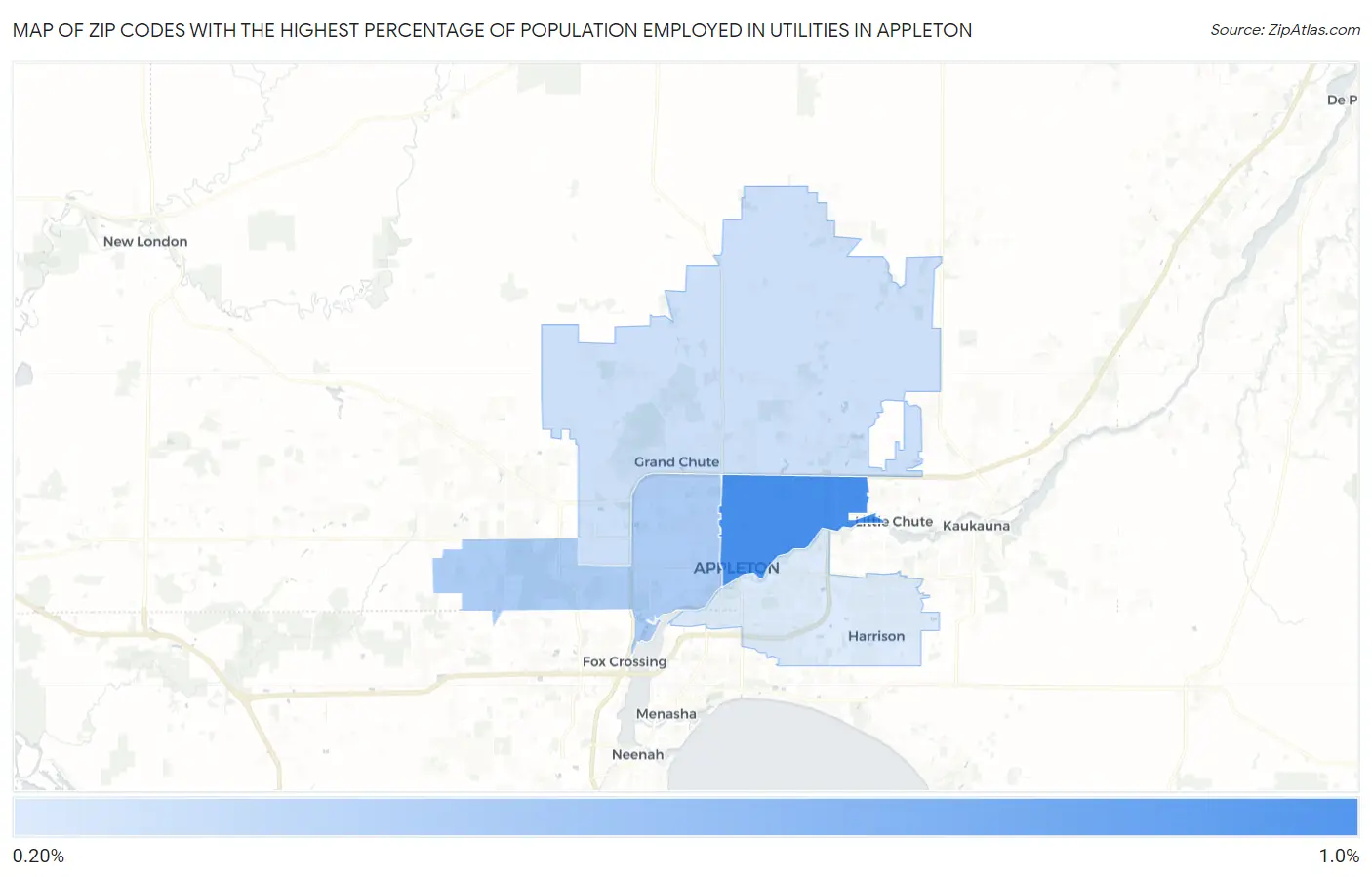 Zip Codes with the Highest Percentage of Population Employed in Utilities in Appleton Map