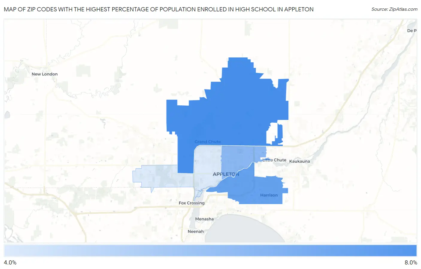 Zip Codes with the Highest Percentage of Population Enrolled in High School in Appleton Map