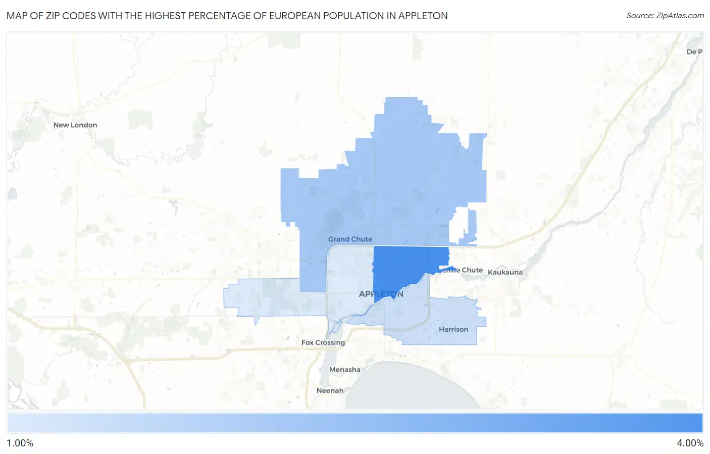 Zip Codes with the Highest Percentage of European Population in Appleton Map