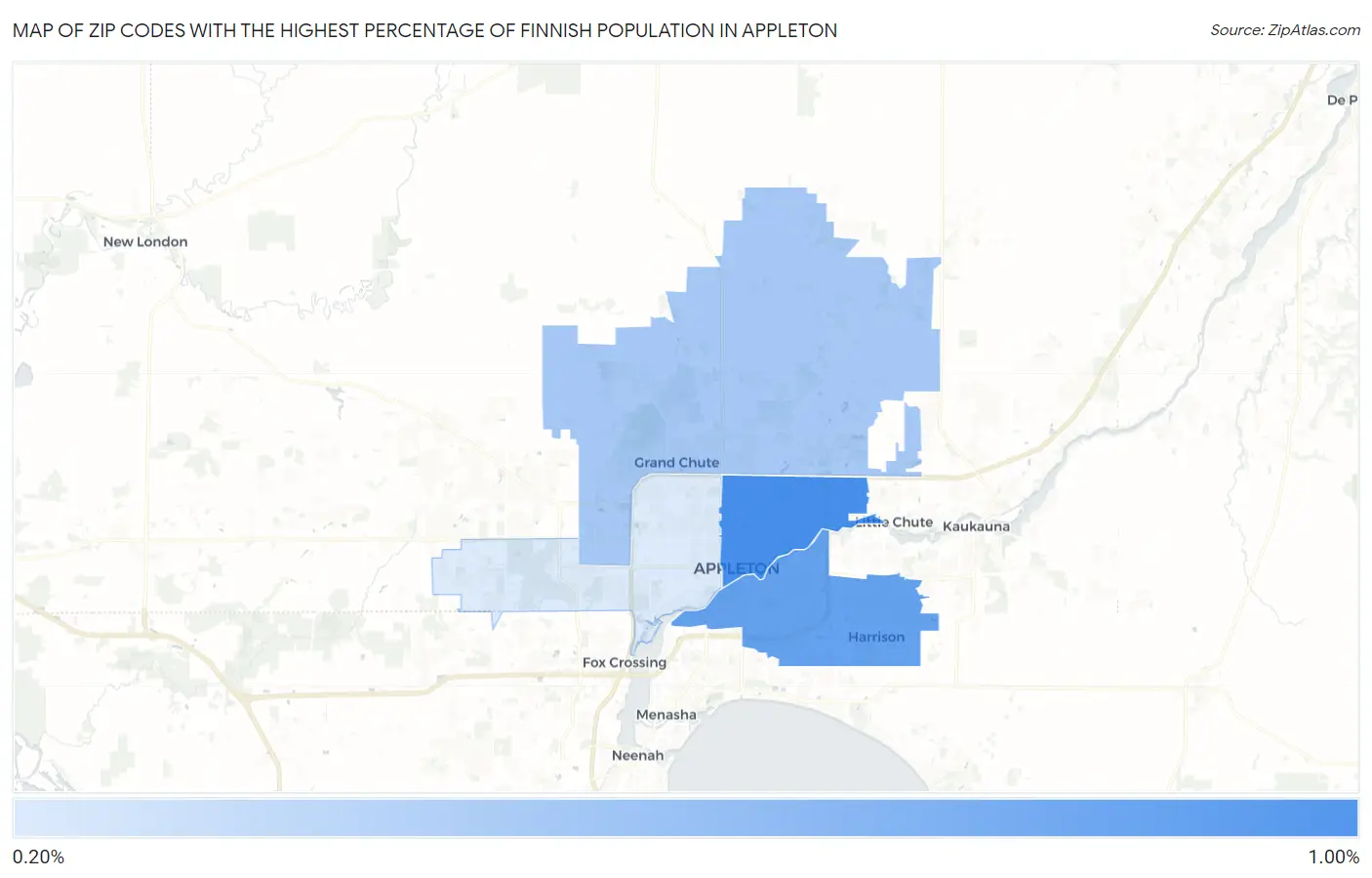 Zip Codes with the Highest Percentage of Finnish Population in Appleton Map