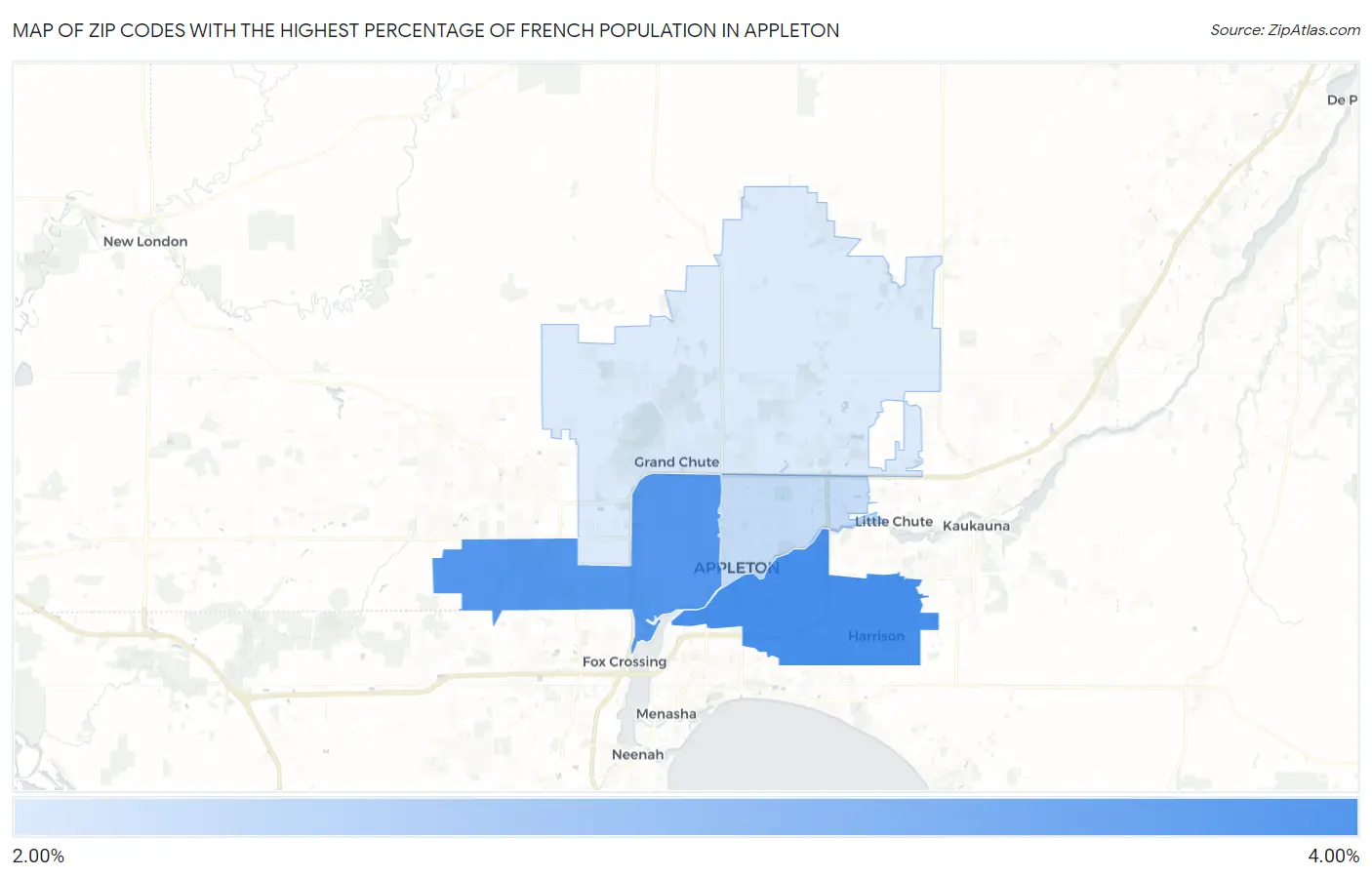 Zip Codes with the Highest Percentage of French Population in Appleton Map