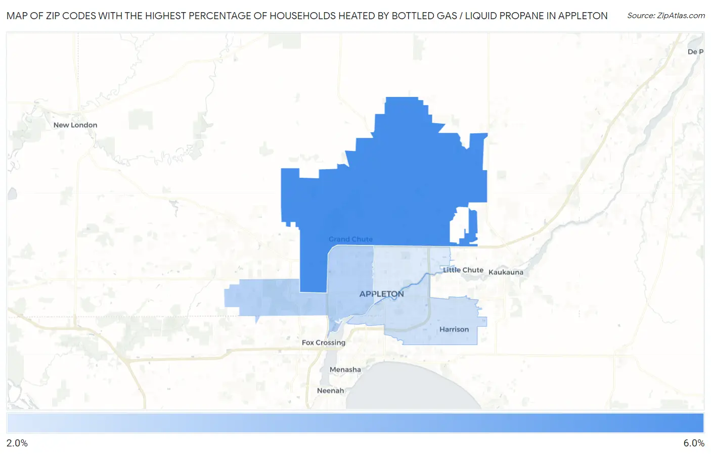 Zip Codes with the Highest Percentage of Households Heated by Bottled Gas / Liquid Propane in Appleton Map