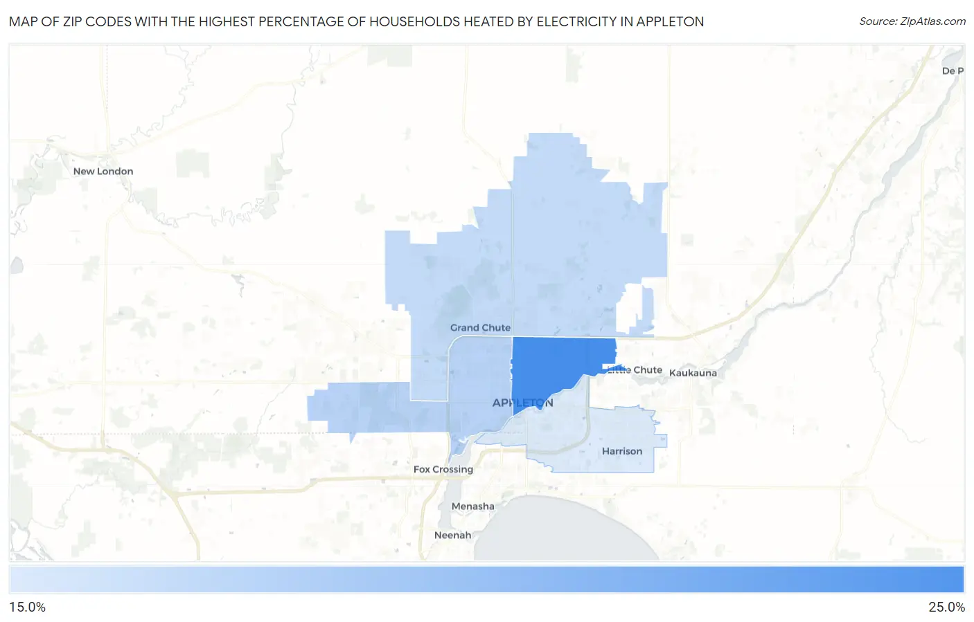 Zip Codes with the Highest Percentage of Households Heated by Electricity in Appleton Map