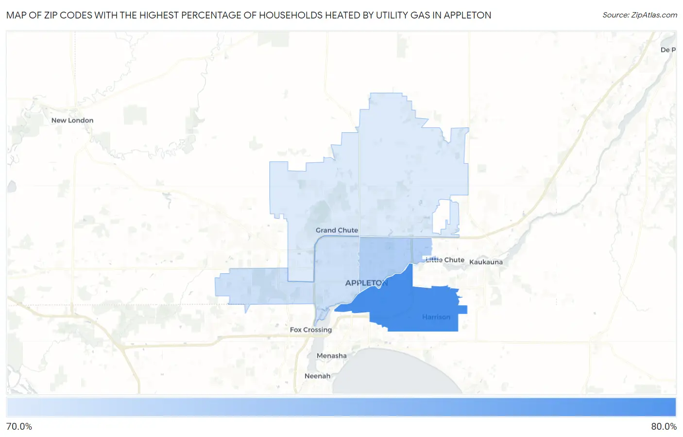 Zip Codes with the Highest Percentage of Households Heated by Utility Gas in Appleton Map