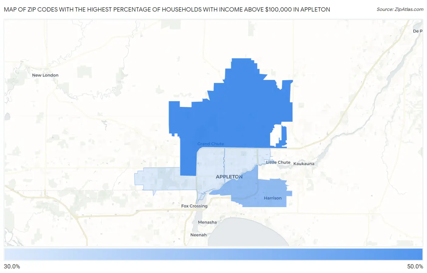 Zip Codes with the Highest Percentage of Households with Income Above $100,000 in Appleton Map