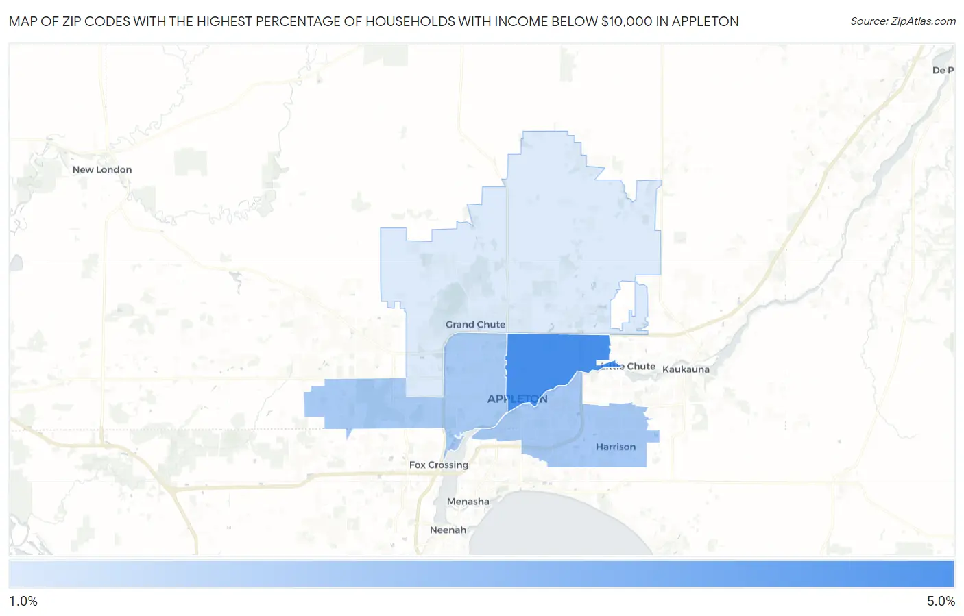 Zip Codes with the Highest Percentage of Households with Income Below $10,000 in Appleton Map