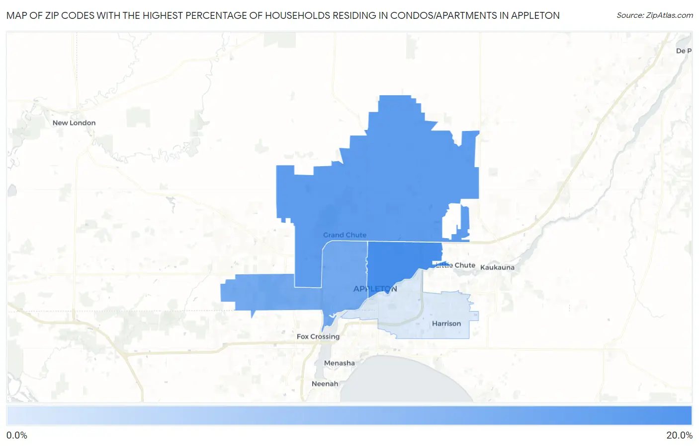 Zip Codes with the Highest Percentage of Households Residing in Condos/Apartments in Appleton Map