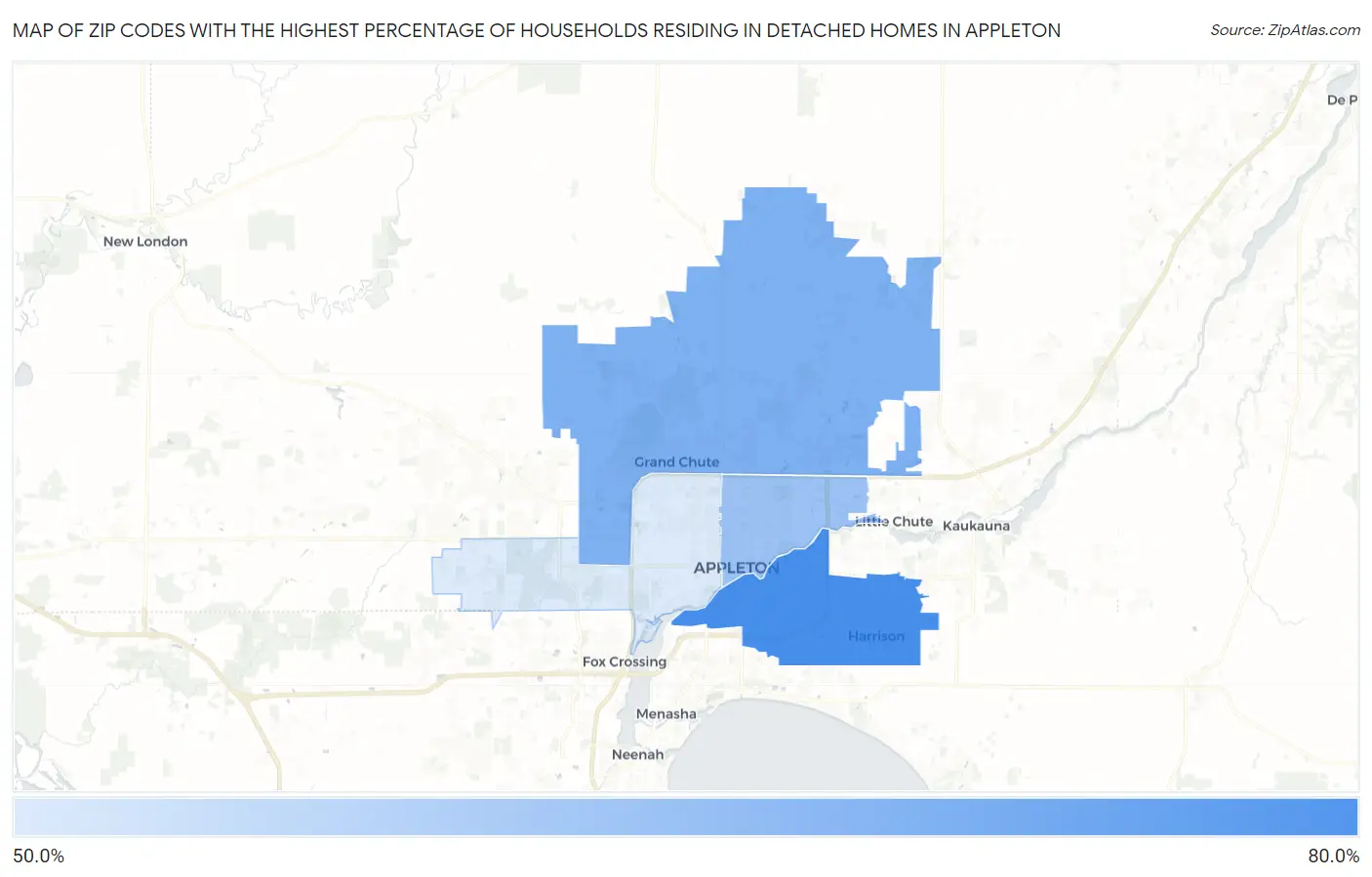 Zip Codes with the Highest Percentage of Households Residing in Detached Homes in Appleton Map