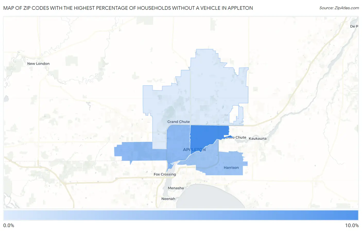 Zip Codes with the Highest Percentage of Households Without a Vehicle in Appleton Map