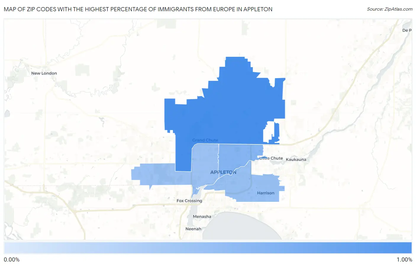 Zip Codes with the Highest Percentage of Immigrants from Europe in Appleton Map