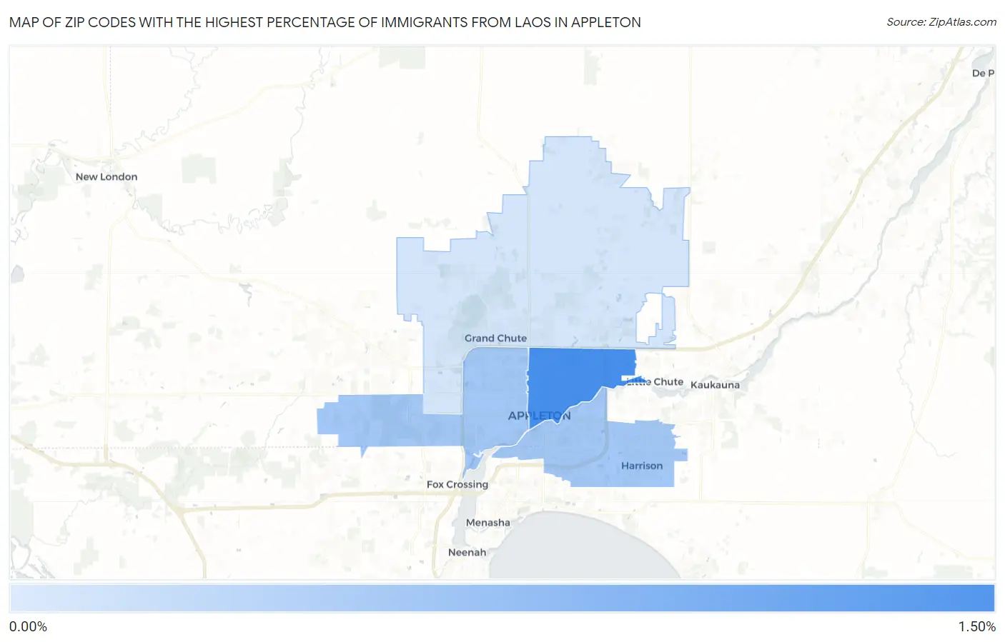 Zip Codes with the Highest Percentage of Immigrants from Laos in Appleton Map