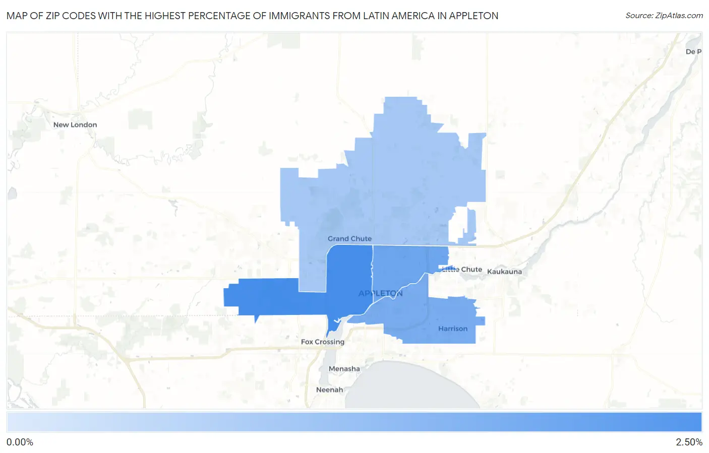 Zip Codes with the Highest Percentage of Immigrants from Latin America in Appleton Map