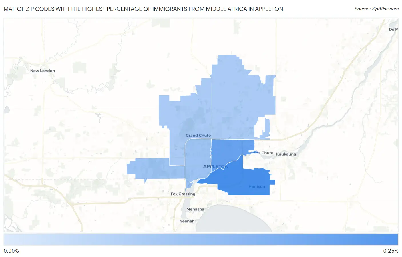 Zip Codes with the Highest Percentage of Immigrants from Middle Africa in Appleton Map