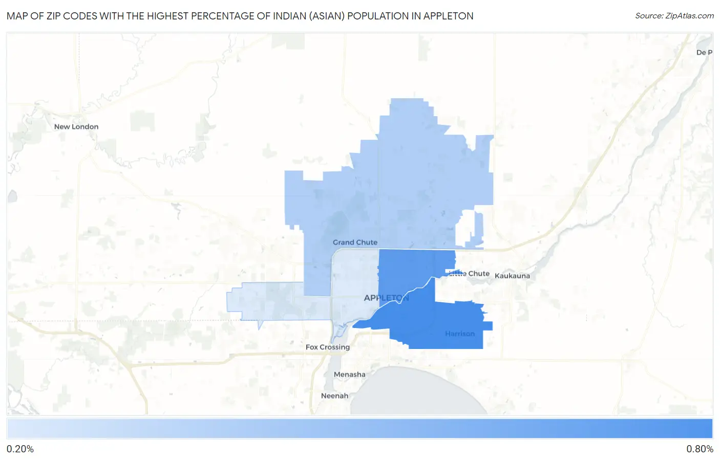 Zip Codes with the Highest Percentage of Indian (Asian) Population in Appleton Map