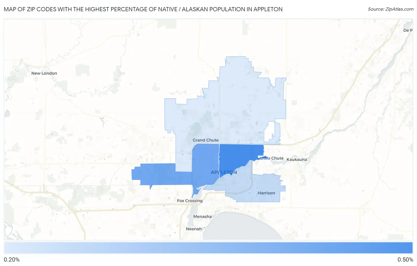 Zip Codes with the Highest Percentage of Native / Alaskan Population in Appleton Map
