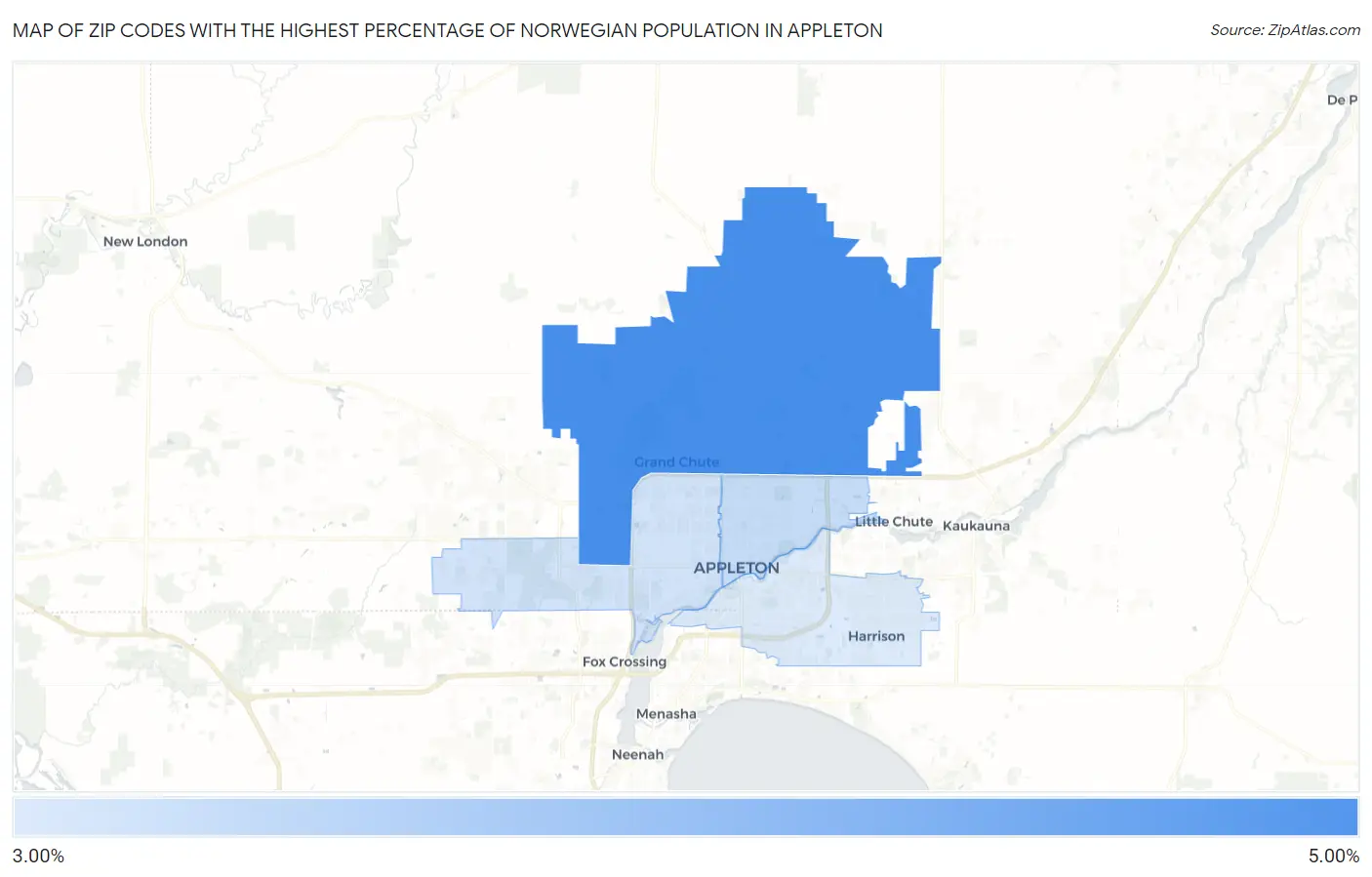 Zip Codes with the Highest Percentage of Norwegian Population in Appleton Map