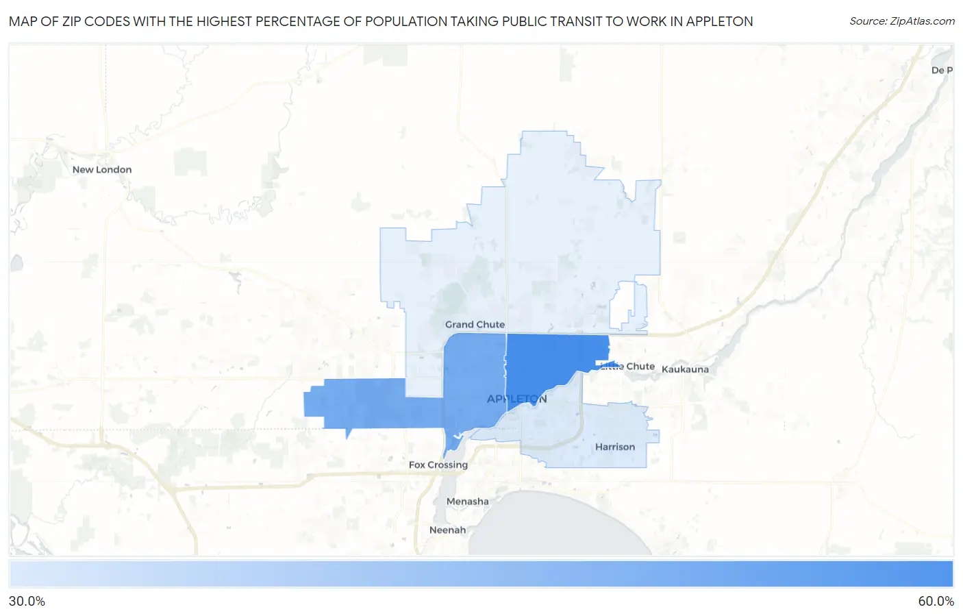 Zip Codes with the Highest Percentage of Population Taking Public Transit to Work in Appleton Map