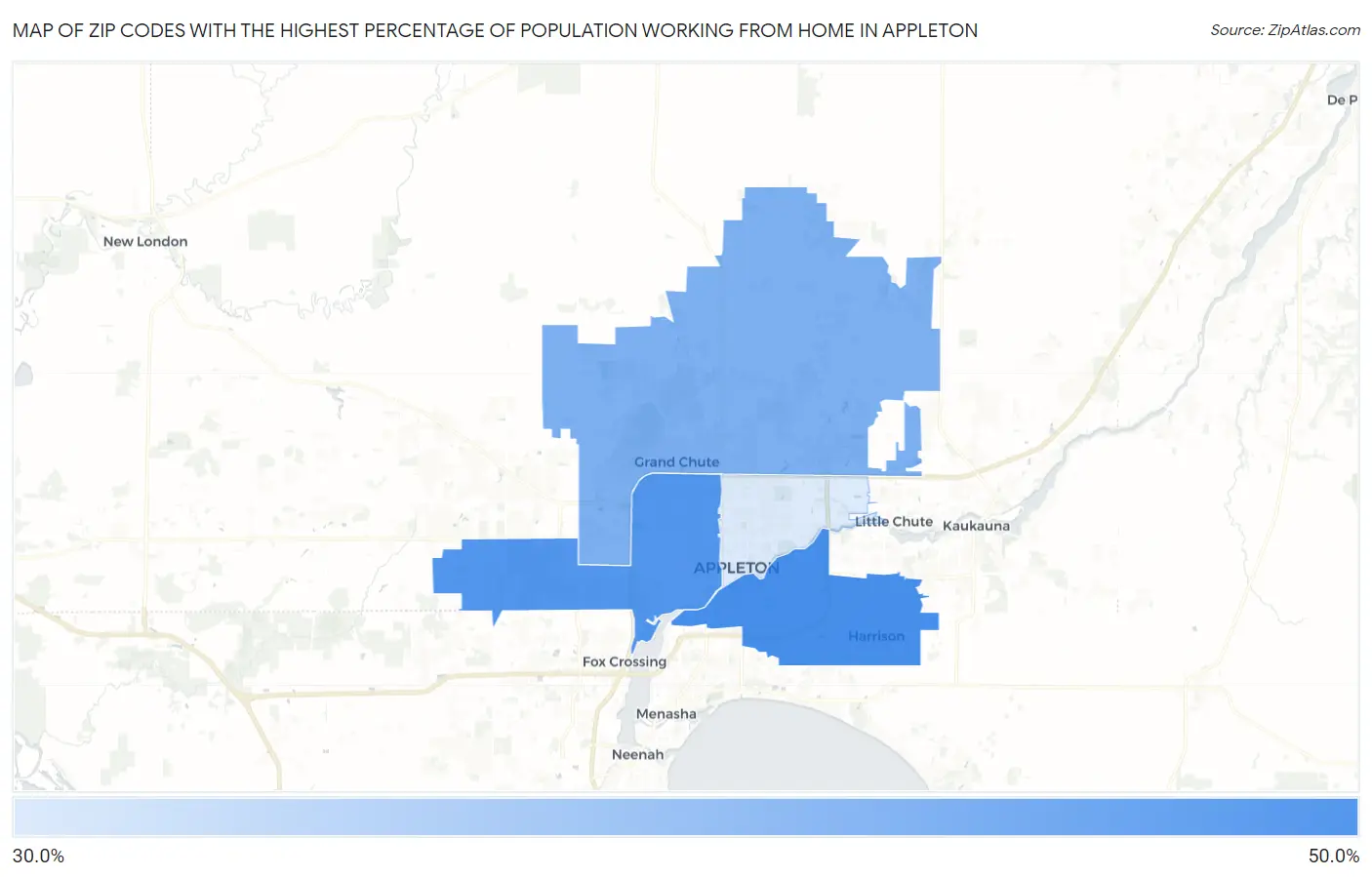 Zip Codes with the Highest Percentage of Population Working from Home in Appleton Map