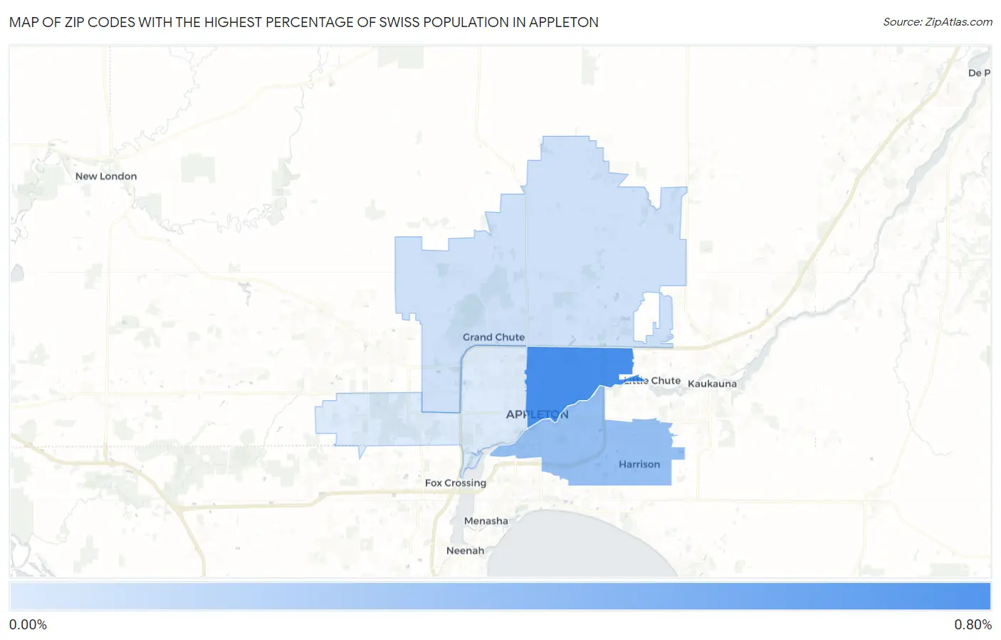 Zip Codes with the Highest Percentage of Swiss Population in Appleton Map