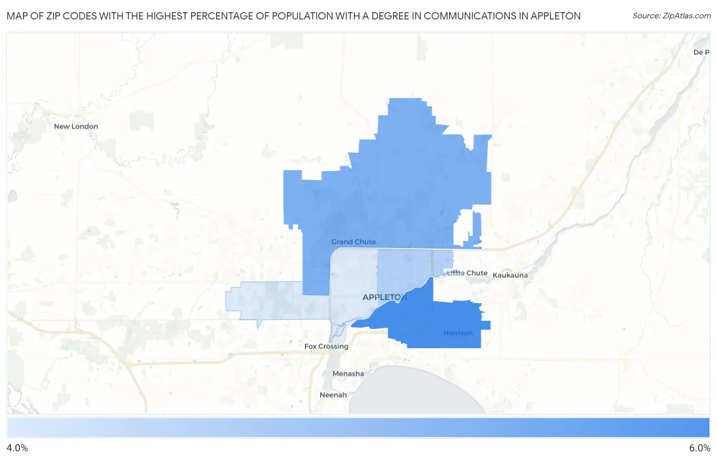Zip Codes with the Highest Percentage of Population with a Degree in Communications in Appleton Map