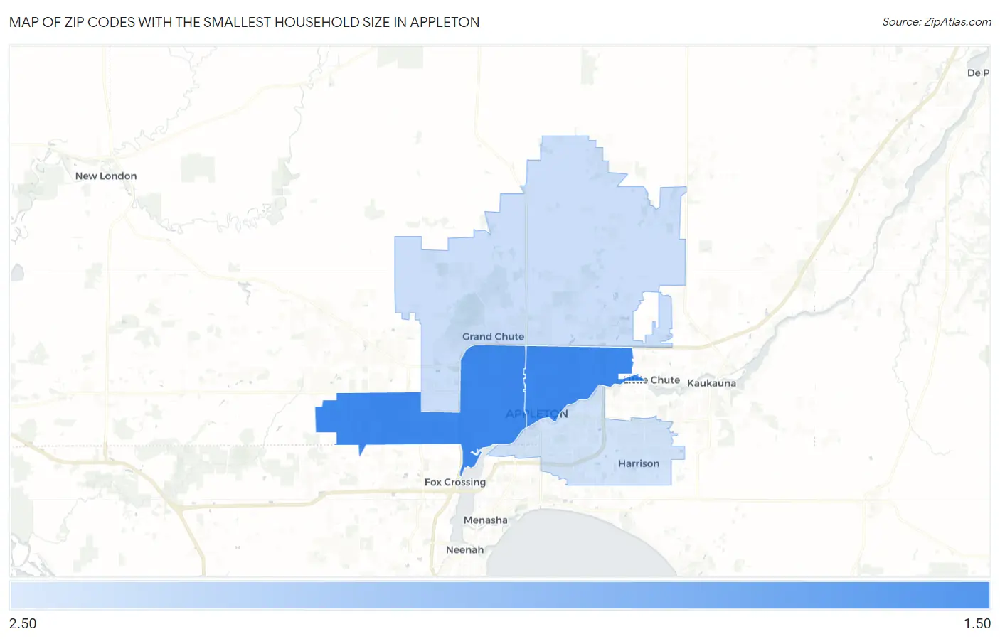 Zip Codes with the Smallest Household Size in Appleton Map