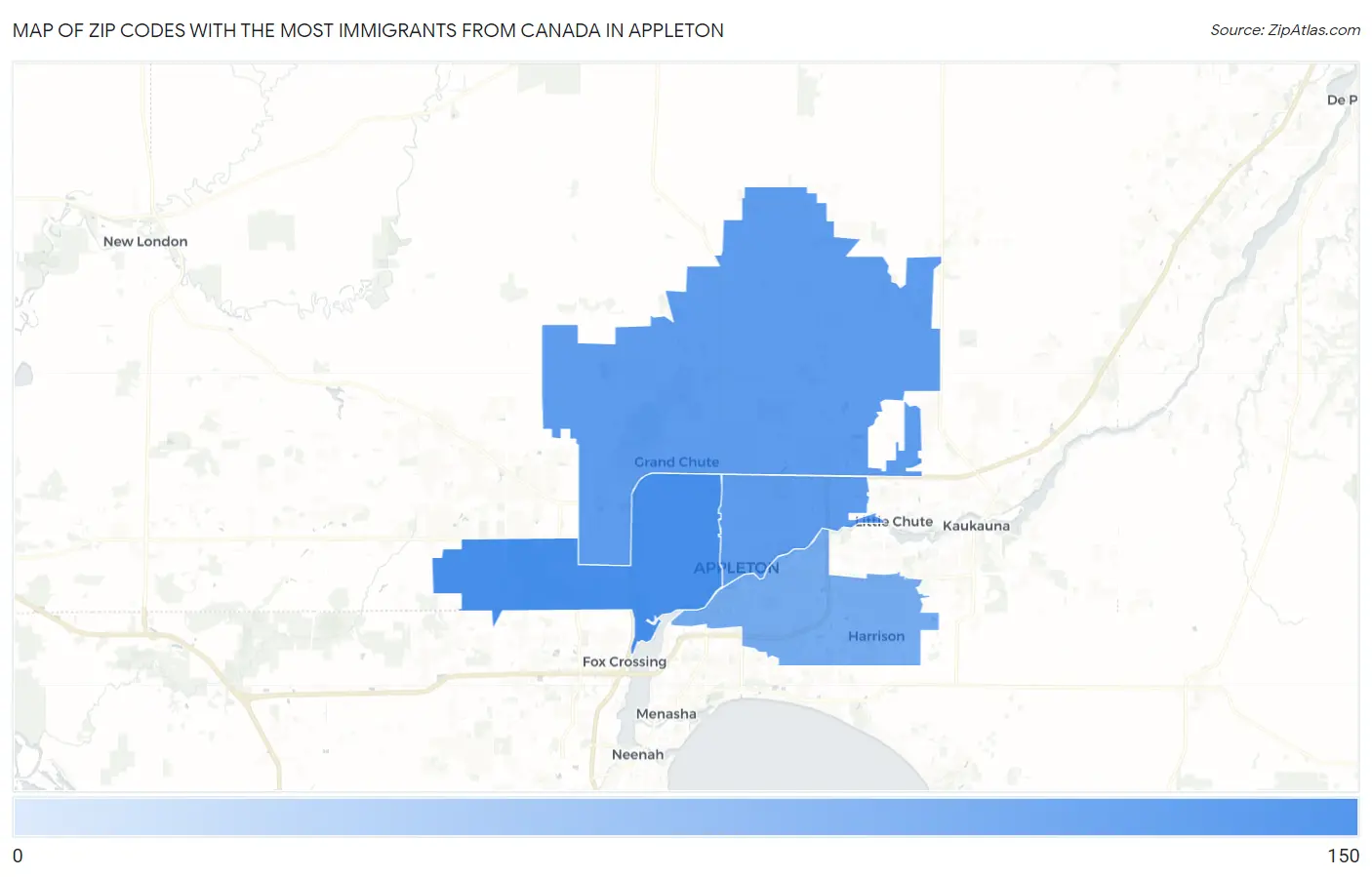 Zip Codes with the Most Immigrants from Canada in Appleton Map