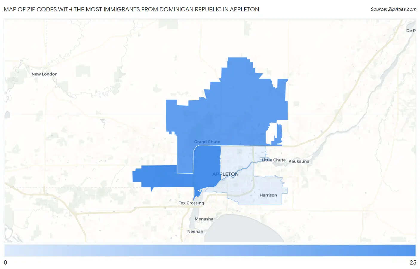 Zip Codes with the Most Immigrants from Dominican Republic in Appleton Map