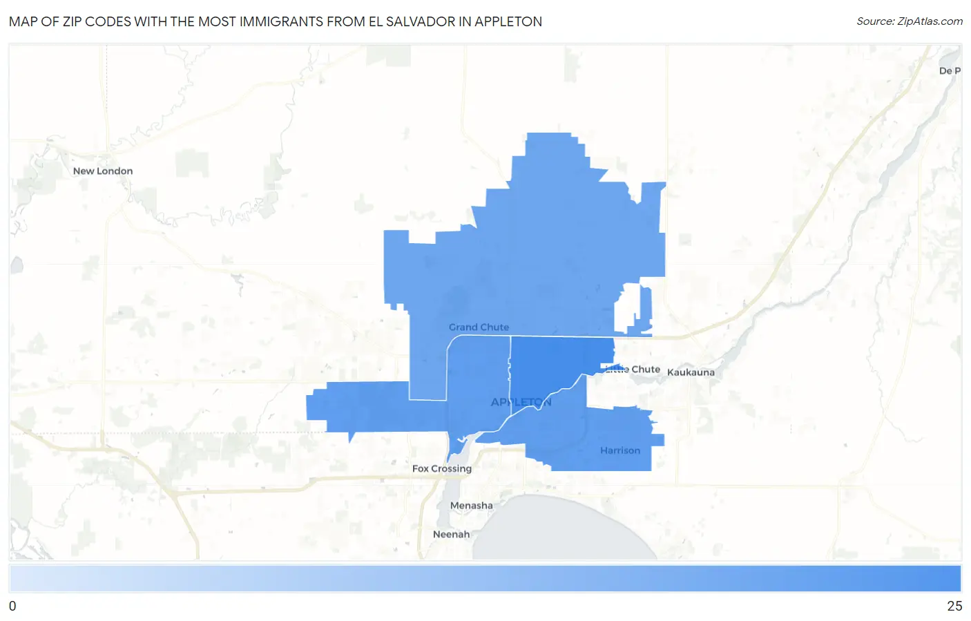 Zip Codes with the Most Immigrants from El Salvador in Appleton Map