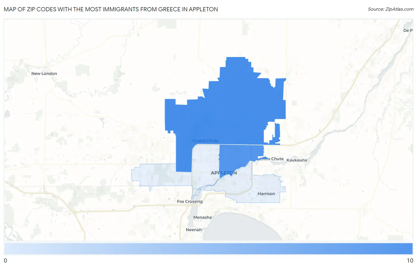 Zip Codes with the Most Immigrants from Greece in Appleton Map