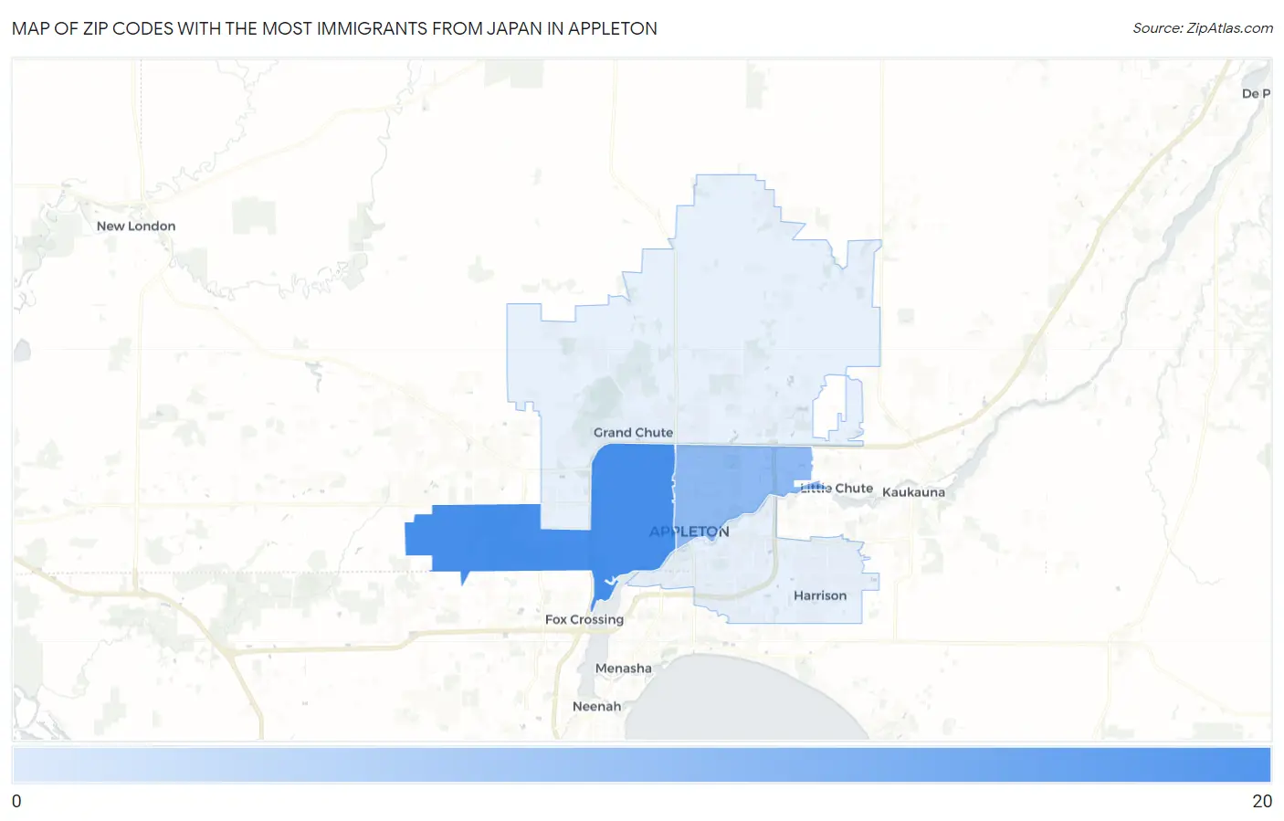 Zip Codes with the Most Immigrants from Japan in Appleton Map