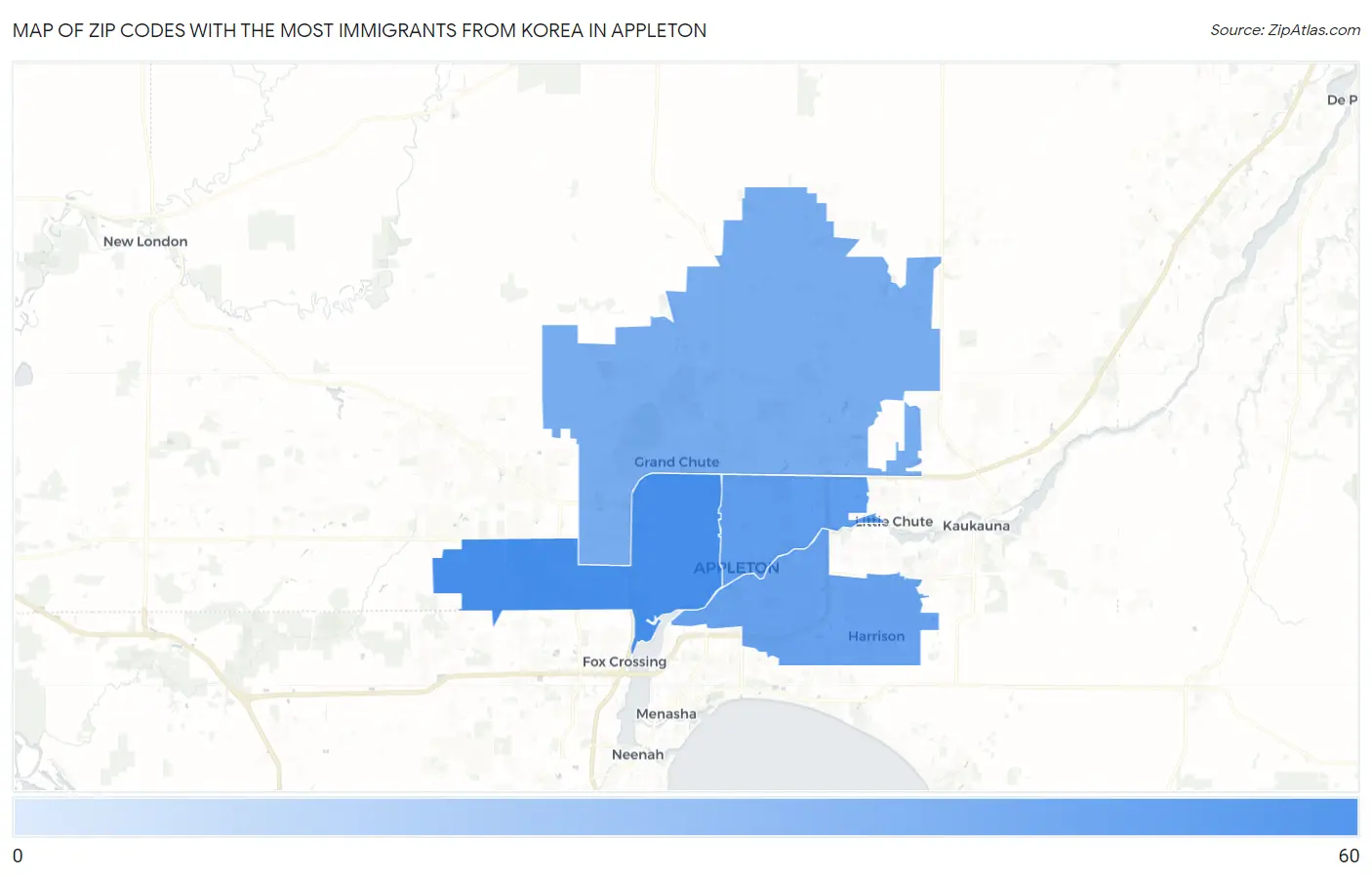 Zip Codes with the Most Immigrants from Korea in Appleton Map