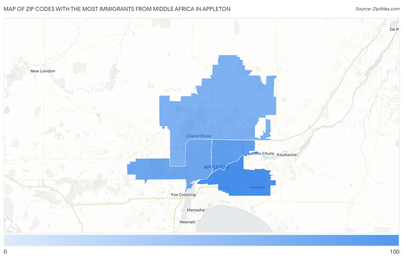 Zip Codes with the Most Immigrants from Middle Africa in Appleton Map