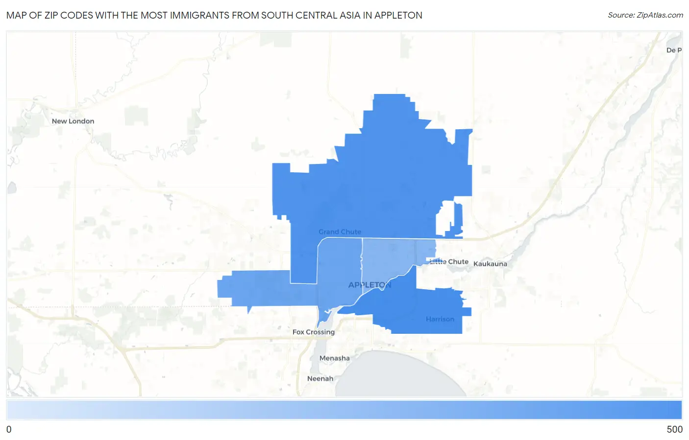 Zip Codes with the Most Immigrants from South Central Asia in Appleton Map