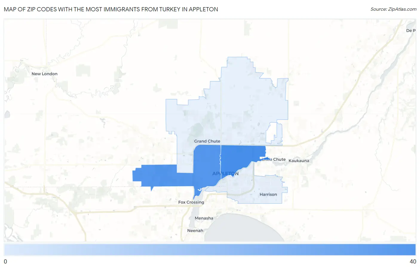 Zip Codes with the Most Immigrants from Turkey in Appleton Map