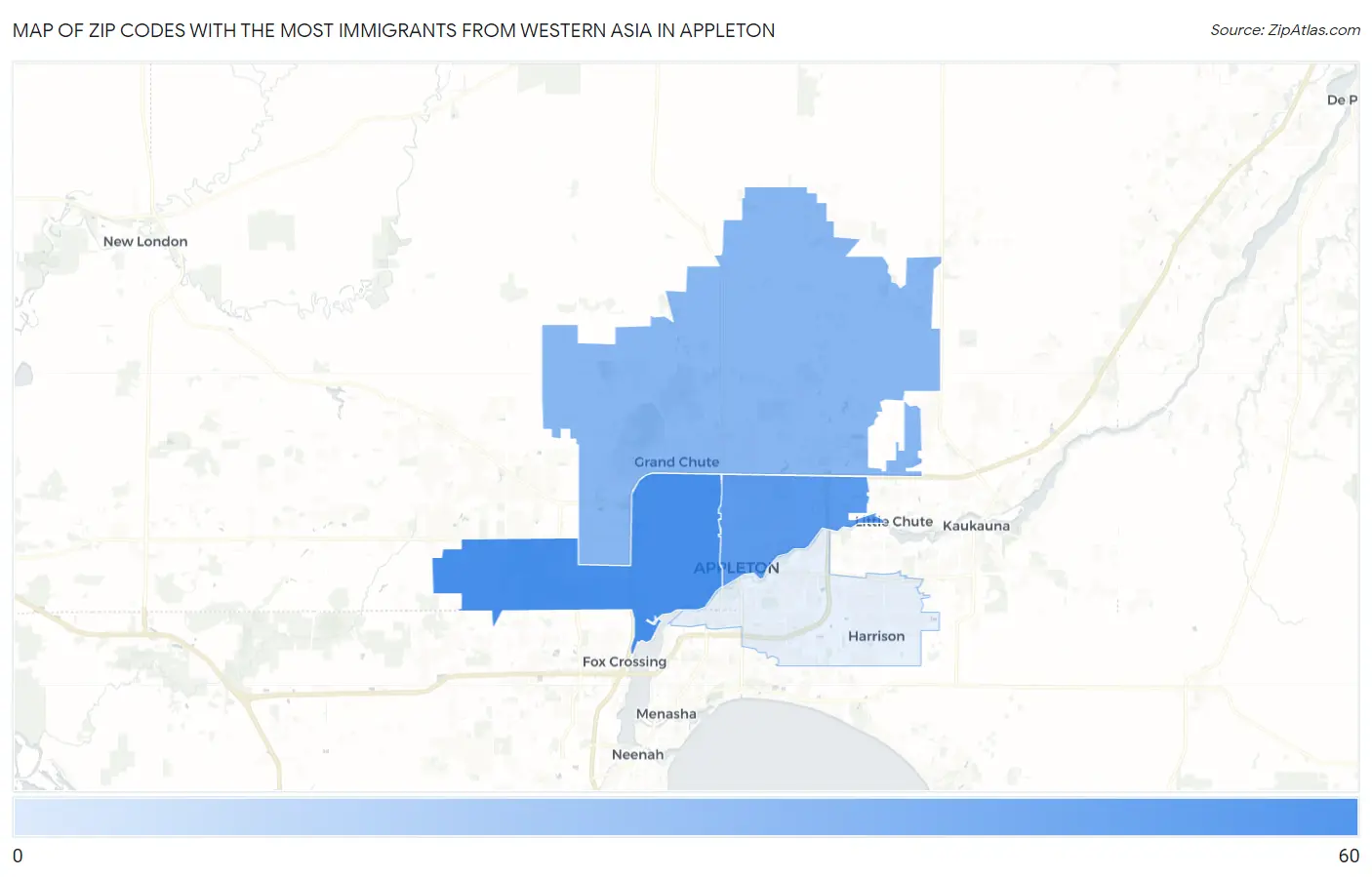 Zip Codes with the Most Immigrants from Western Asia in Appleton Map
