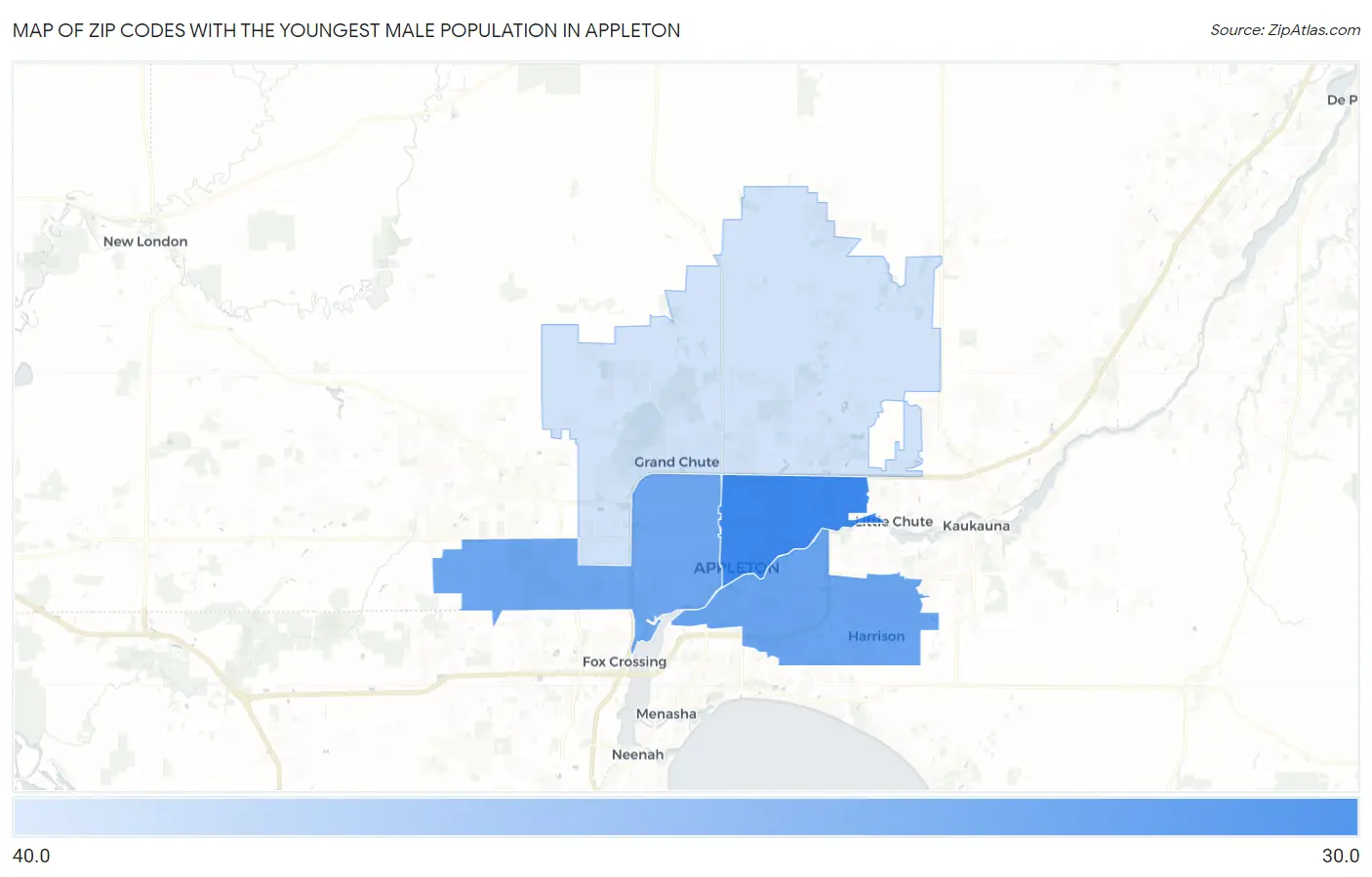 Zip Codes with the Youngest Male Population in Appleton Map