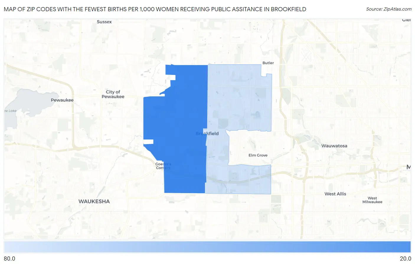 Zip Codes with the Fewest Births per 1,000 Women Receiving Public Assitance in Brookfield Map