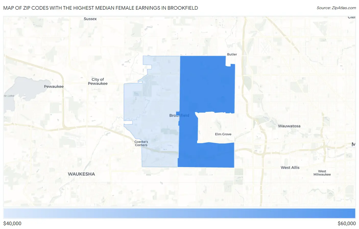 Zip Codes with the Highest Median Female Earnings in Brookfield Map