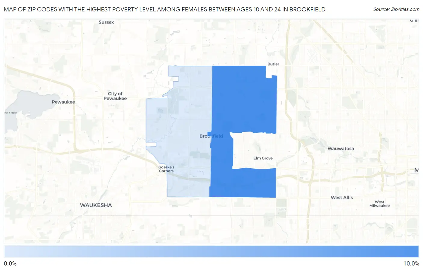 Zip Codes with the Highest Poverty Level Among Females Between Ages 18 and 24 in Brookfield Map