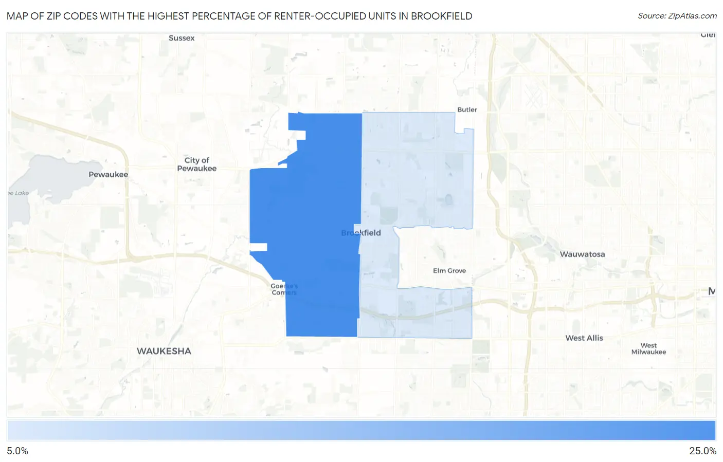 Zip Codes with the Highest Percentage of Renter-Occupied Units in Brookfield Map