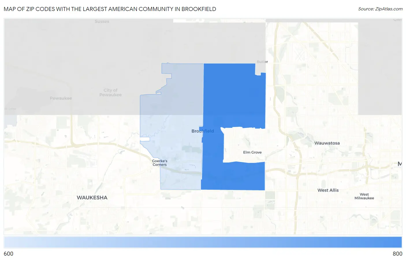 Zip Codes with the Largest American Community in Brookfield Map