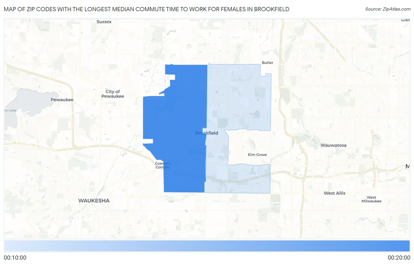 Zip Codes with the Longest Median Commute Time to Work for Females in Brookfield Map