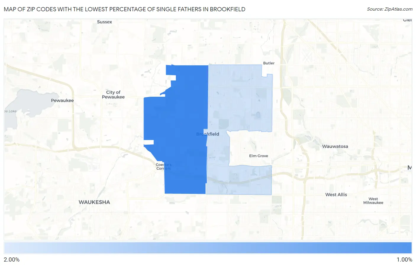 Zip Codes with the Lowest Percentage of Single Fathers in Brookfield Map